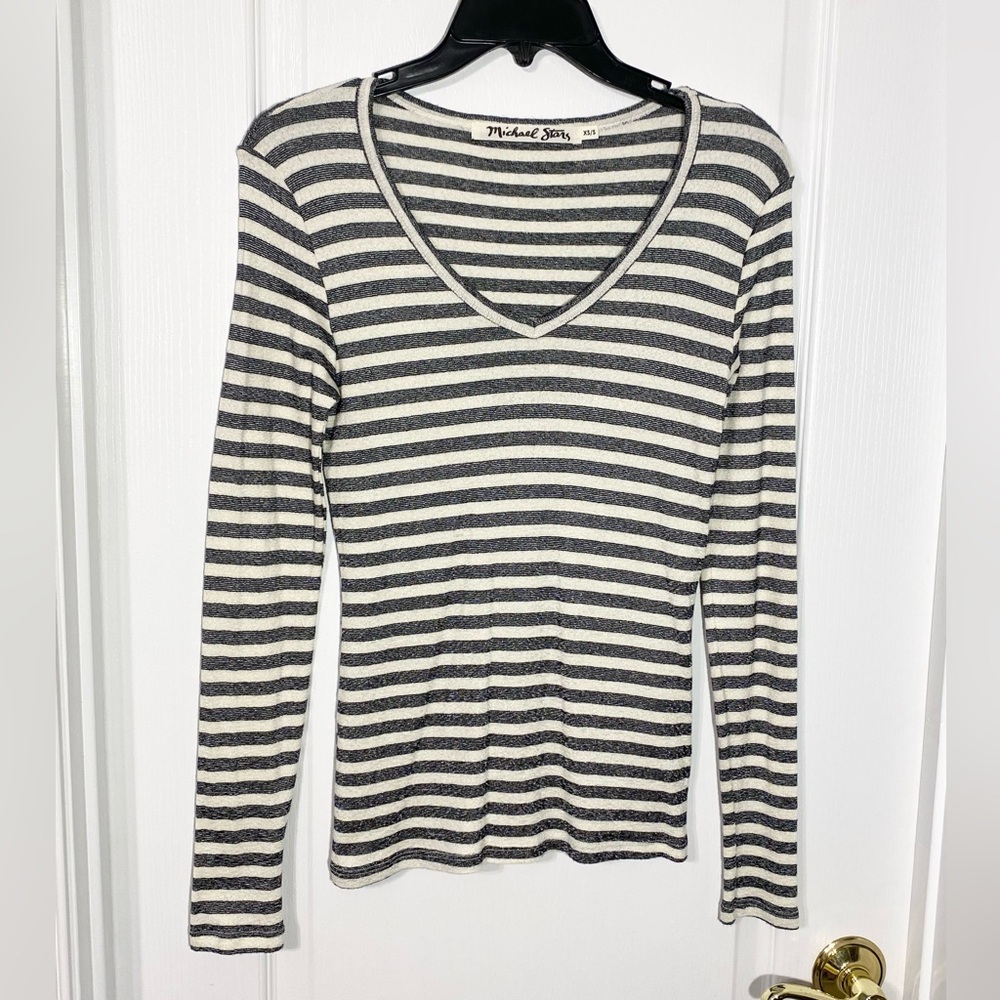 Y2K VTG Michael Stars USA MADE Metallic Stripe Long Sleeve Top Black Cream XS/S